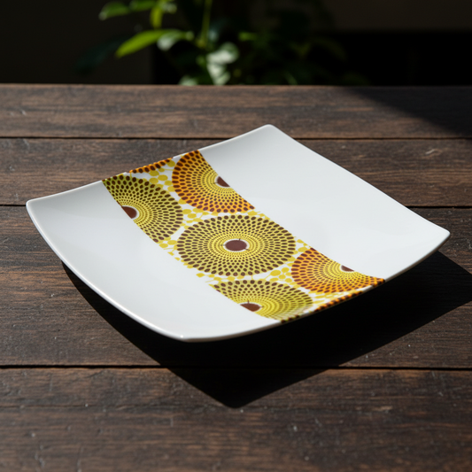 Set of square plates in fine French porcelain made to order with African WAX band motif "Gammaphone" in a set of 12