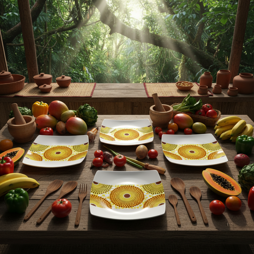 Set aus 12 quadratischen Tellern aus feinem französischem Porzellan, auf Bestellung gefertigt, mit einem afrikanischen Wachsdruckmotiv namens „Gammaphon“.