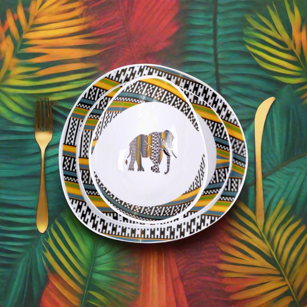 Coffret d'assiettes ovales en porcelaine fine Française fabriquées à la demande avec motif anneau tribal "tera tera", "kounta" "Kanta" dans coffret de 6 assiettes