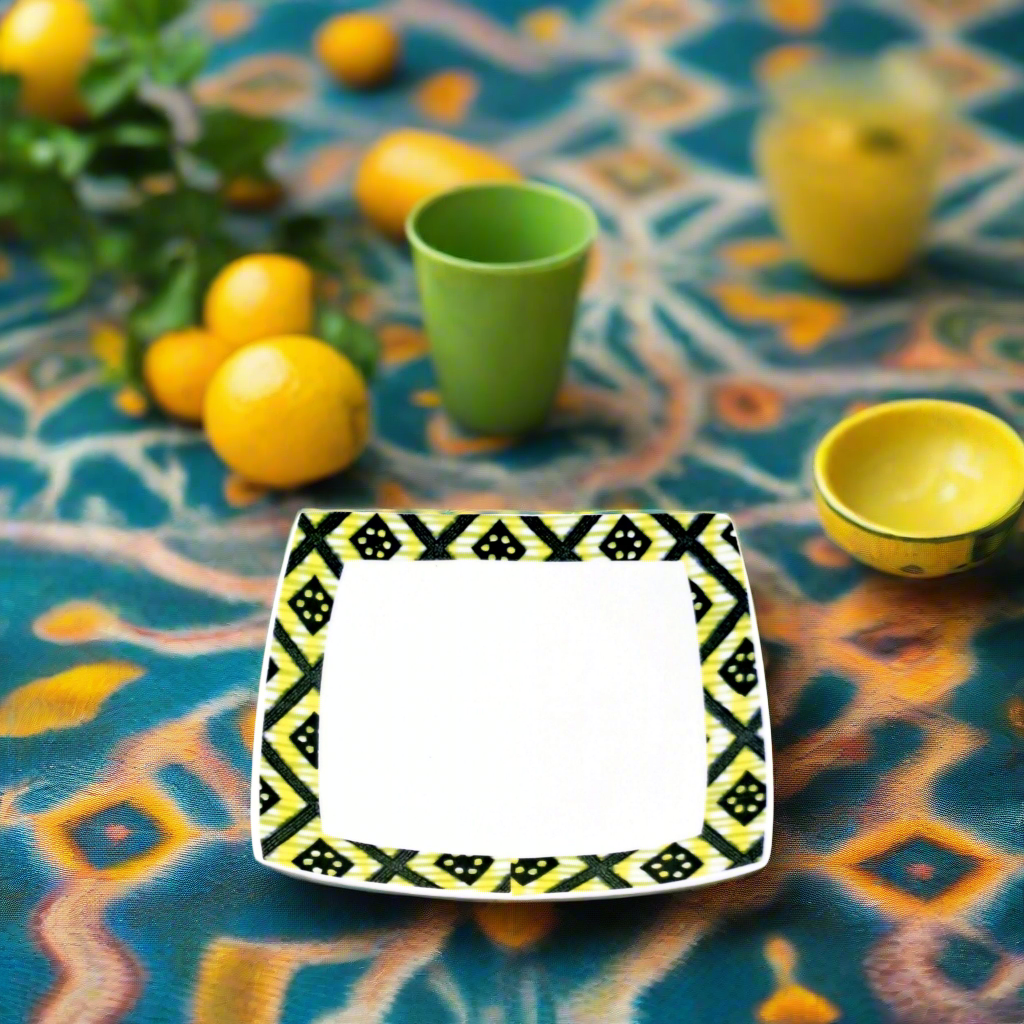 Coffret d'assiettes carrées en porcelaine fine Française fabriquées à la demande avec motif bande yoruba d'Afrique "Ibukunoluwa"   dans coffret cadeau de 6 assiettes.