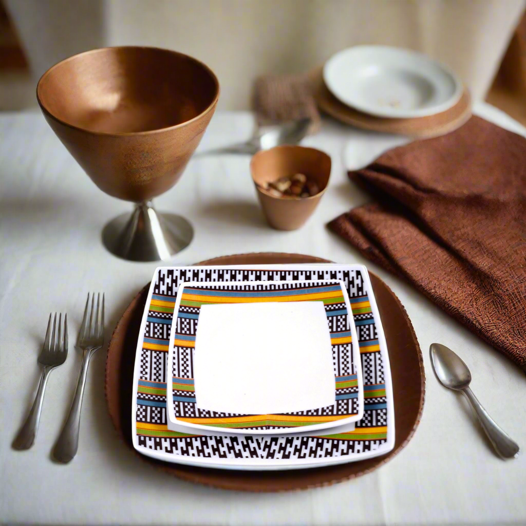 Coffret d'assiettes carrées en porcelaine fine Française fabriquées à la demande avec motif anneau ethnique d'Afrique éléphant "Kounta" ou "Kanta" du Niger, présenté dans un coffret de 6 assiettes