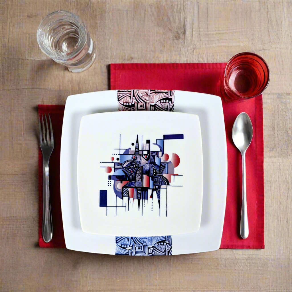 Vue zénithale : assiettes carrées Artiste KHA à bande bleue sur set rouge et bois clair, couverts, verres ciselés