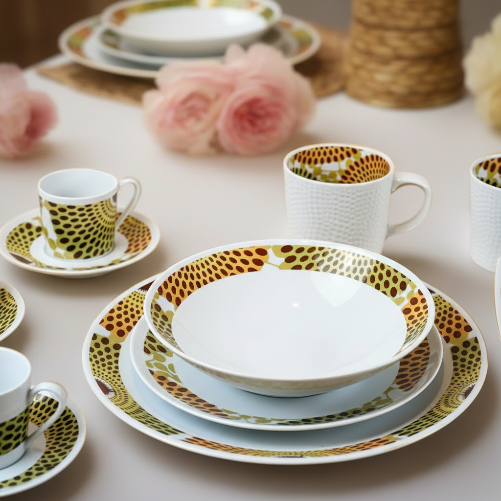 Set französischer Porzellanteller, individuell gefertigt mit dem feinen Ringmotiv "Gammaphone" in einer Geschenkbox (6-teilig)