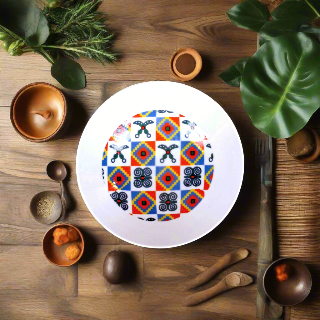 Coffret d'assiettes rondes en porcelaine fine Française fabriquées à la demande avec motif anneaux larges traditions d'afrique "Adinkra" du Ghana et de Côtes d'Ivoire dans coffret de 6 assiettes.