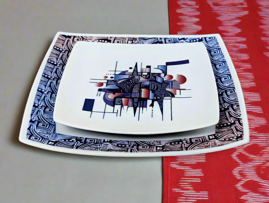 Coffret d'assiettes carrées en porcelaine fine Française fabriquées à la demande avec  motif anneau Ethnique d'Afrique "Artiste KHA 1" dans coffret de 6 assiettes