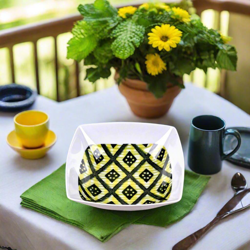 Coffret d'assiettes carrées en porcelaine fine Française fabriquées à la demande avec motif bande yoruba d'Afrique "Ibukunoluwa"   dans coffret cadeau de 6 assiettes.