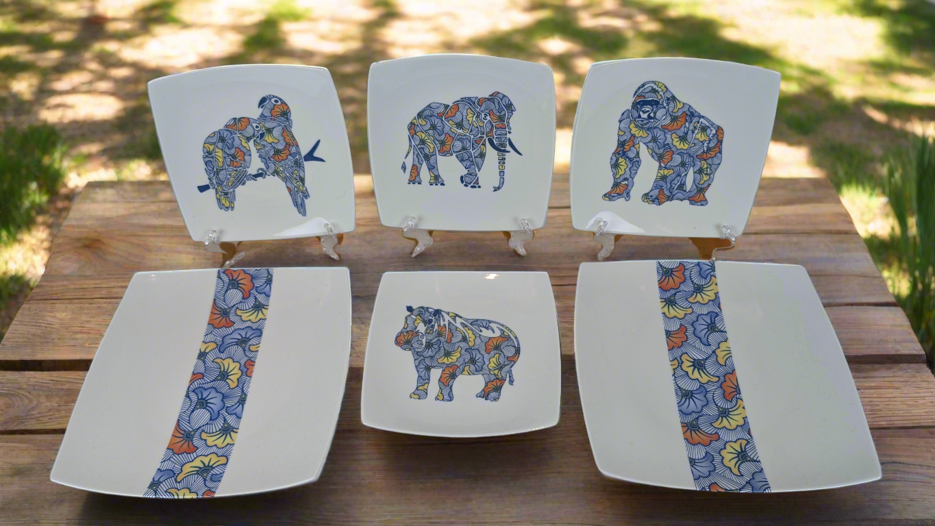 Coffret 12 pièces carrées motif bande "Fleurs de Mariage" et Animaux dans coffret