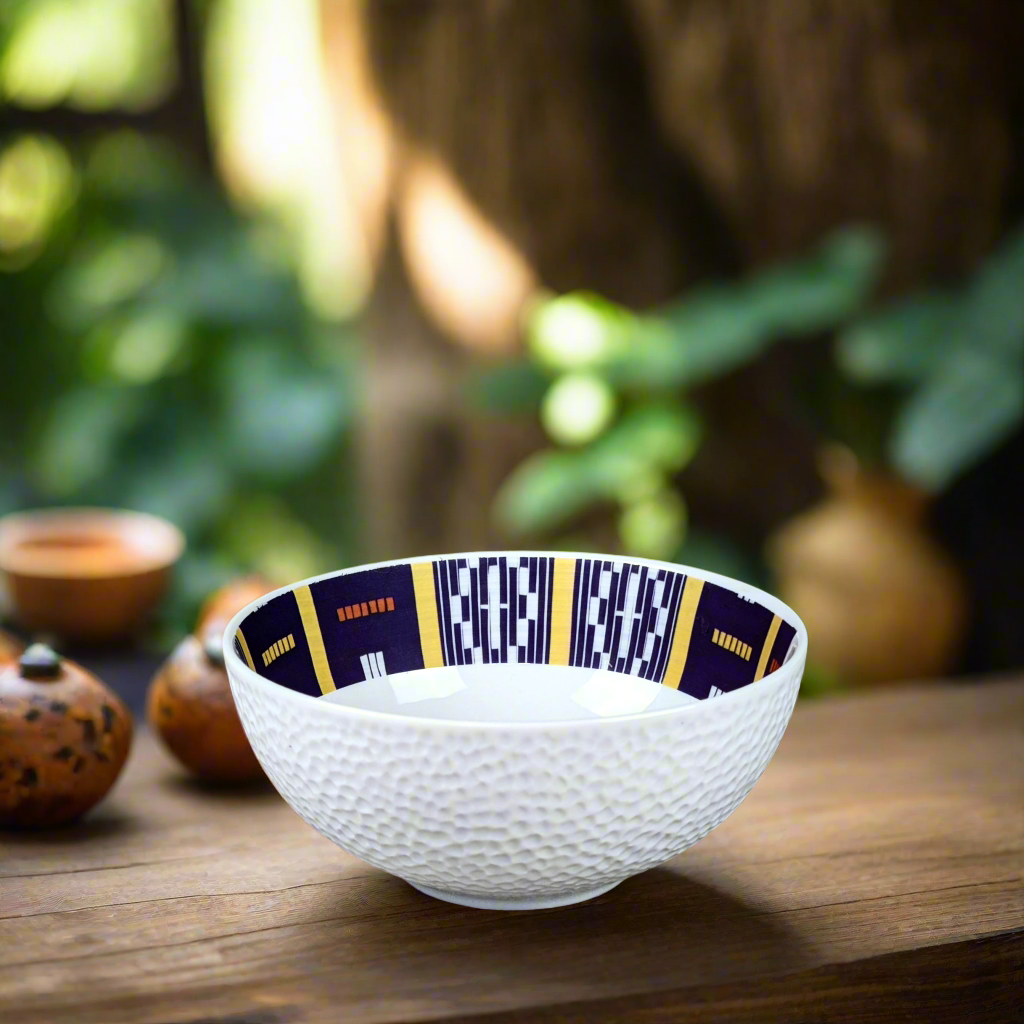 Bol grenaillé à l'extérieur en porcelaine fine Française fabriquées à la demande, motif de Côte d'Ivoire "Baoulé"
