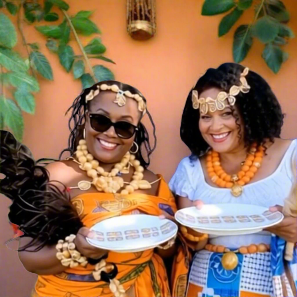 Coffret d'assiettes rondes en porcelaine fine Française fabriquées à la demande avec motif bandes larges traditions de côtes d'Ivoire "Adinkra doré" dans coffret de 6 assiettes.