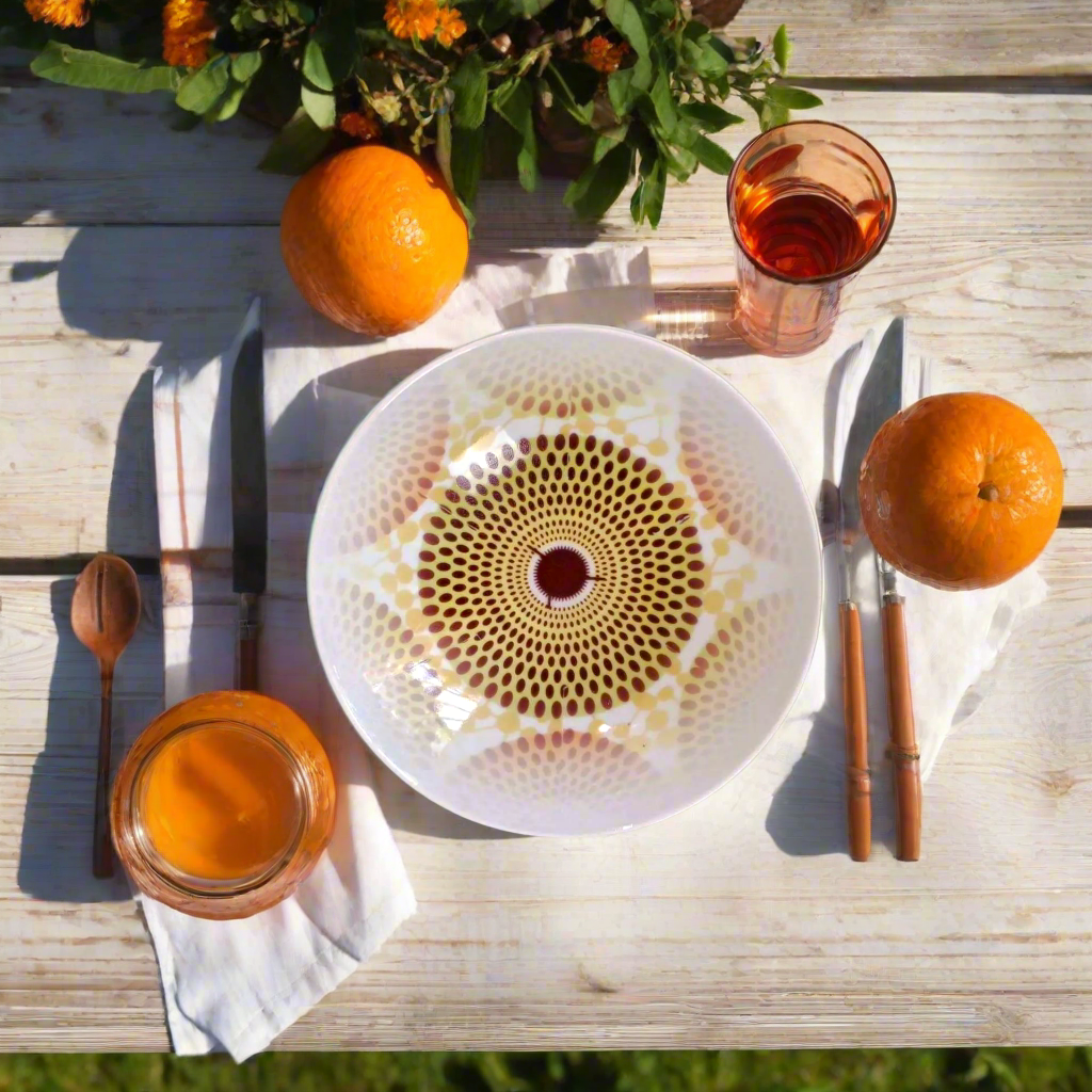 Coffret d'assiettes en porcelaine Française fabriquées à la demande avec motif plein wax d'Afrique  Gammaphone dans coffret de 6