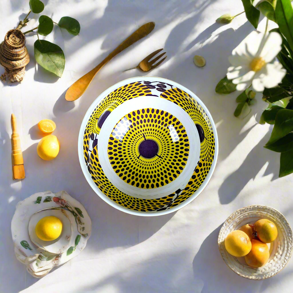 Coffret petit déjeuner en porcelaine fine française, orné d’un motif WAX "Gamma phone", composé d'une petite assiette, d'un grand bol et d'un MUG, présentés dans une boîte prestige.