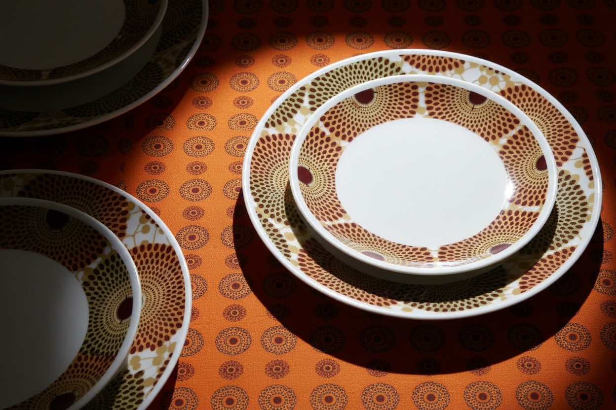 Set französischer Porzellanteller, individuell gefertigt, mit einem breiten Wachsdruckringmotiv aus Afrika (Gammaphone), in einer Geschenkbox