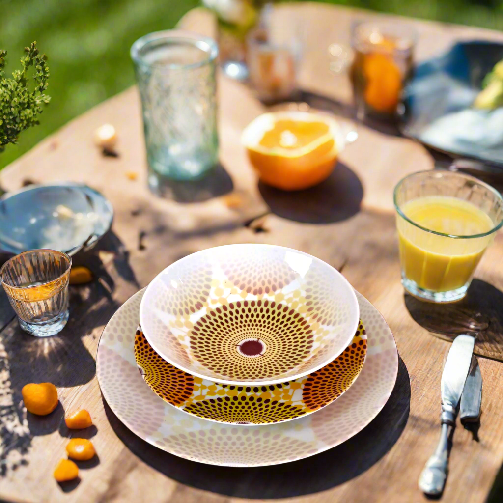 Coffret d'assiettes en porcelaine Française fabriquées à la demande avec motif plein wax d'Afrique  Gammaphone dans coffret de 6