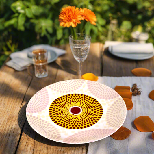 Coffret d'assiettes en porcelaine Française fabriquées à la demande avec motif plein wax d'Afrique  Gammaphone dans coffret de 6