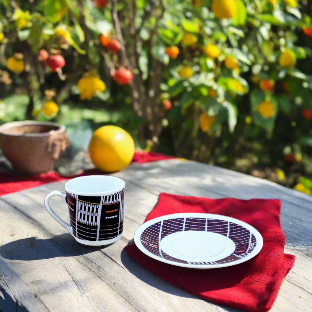 Tasse à Café en porcelaine fine Française fabriquée à la demande avec soucoupe motif anneau africain "Sénoufo bleu indigo" de Côte d'Ivoire