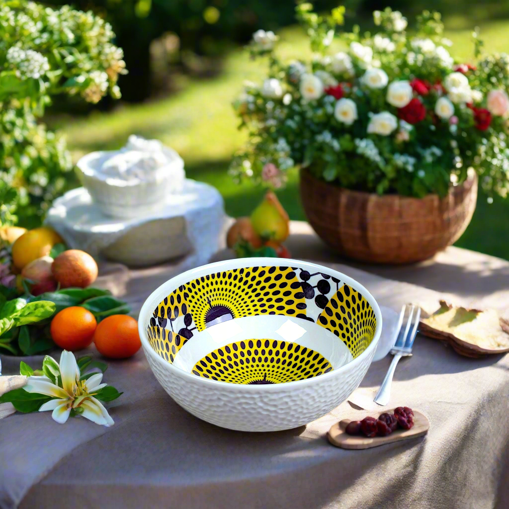 Coffret petit déjeuner en porcelaine fine française, orné d’un motif WAX "Gamma phone", composé d'une petite assiette, d'un grand bol et d'un MUG, présentés dans une boîte prestige.