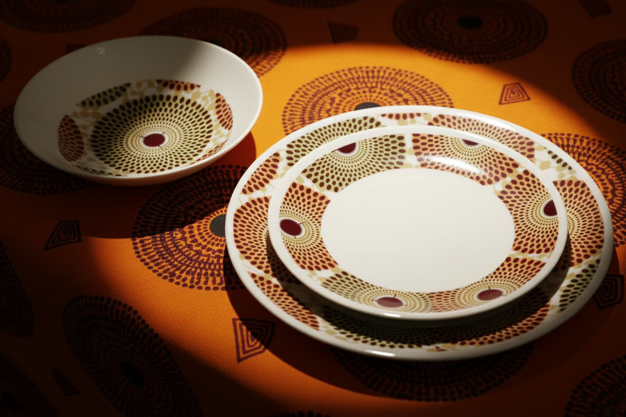 Set französischer Porzellanteller, individuell gefertigt, mit einem breiten Wachsdruckringmotiv aus Afrika (Gammaphone), in einer Geschenkbox