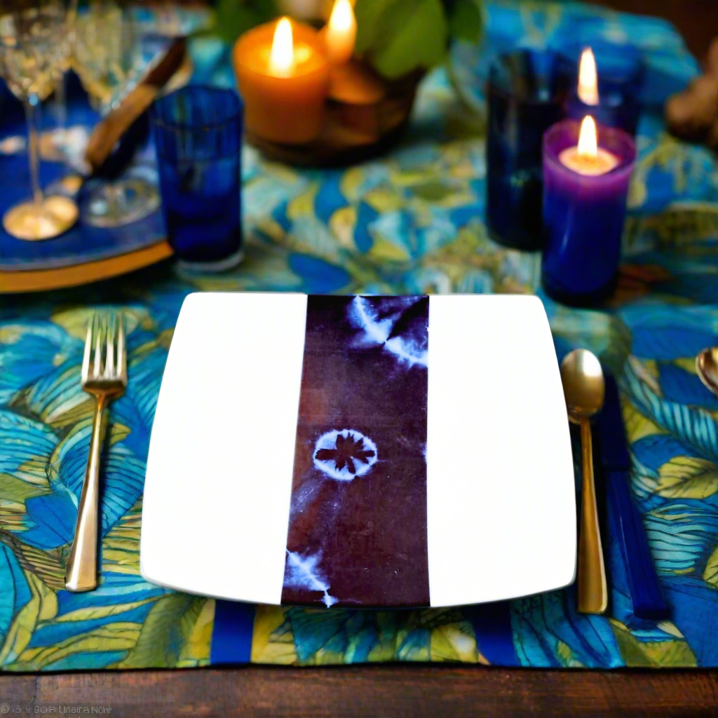 Vue de face de l'assiette carrée Adire sur nappe wax bleue et verte, bougies violettes et bleues, couverts laiton