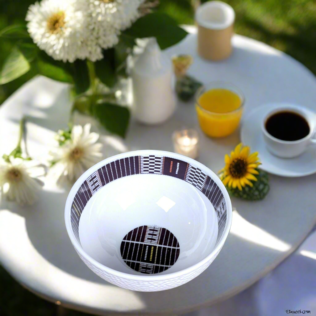 Coffret petit déjeuner en porcelaine fine française, orné d’un motif ethnique "Sénoufo" de Côte d'Ivoire, composé de 3 pièces parmi une petite assiette, d'un bol, une tasse à café et d'un MUG, présentés dans une boîte prestige.