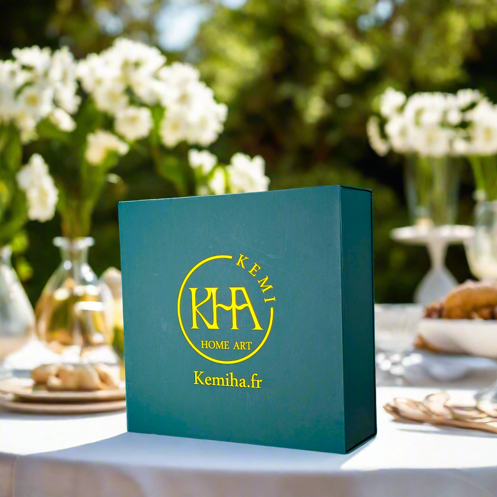 Coffret petit déjeuner en porcelaine fine française, orné d’un motif WAX "Gamma phone", composé d'une petite assiette, d'un grand bol et d'un MUG, présentés dans une boîte prestige.