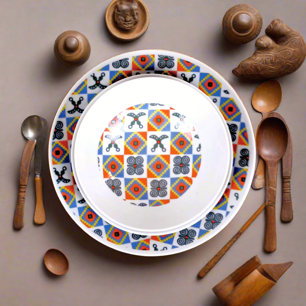 Coffret d'assiettes rondes en porcelaine fine Française fabriquées à la demande avec motif anneaux larges traditions d'afrique "Adinkra" du Ghana et de Côtes d'Ivoire dans coffret de 6 assiettes.