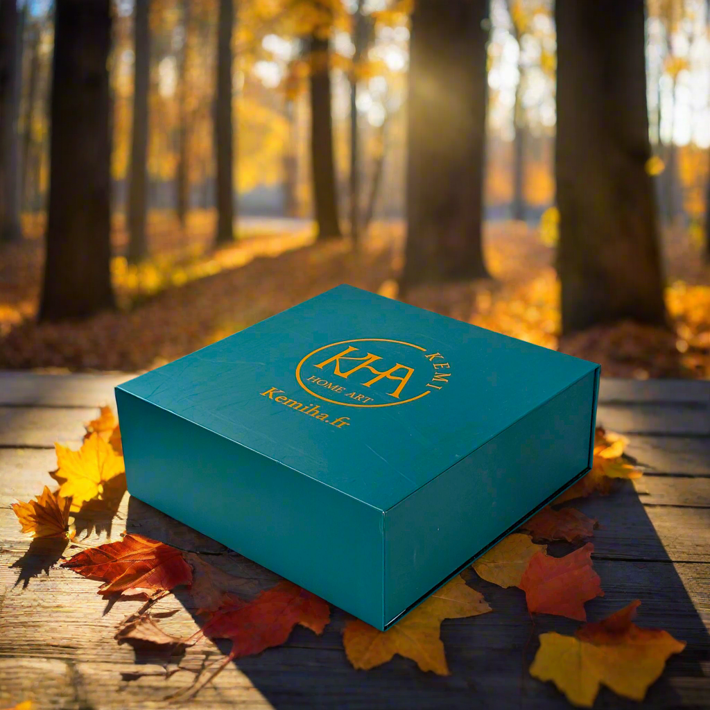 Coffret petit déjeuner en porcelaine fine française, orné d’un motif WAX "Fleurs de Mariage", composé d'une assiette creuse, d'une tasse à  café et d'un MUG, présentés dans une boîte prestige.