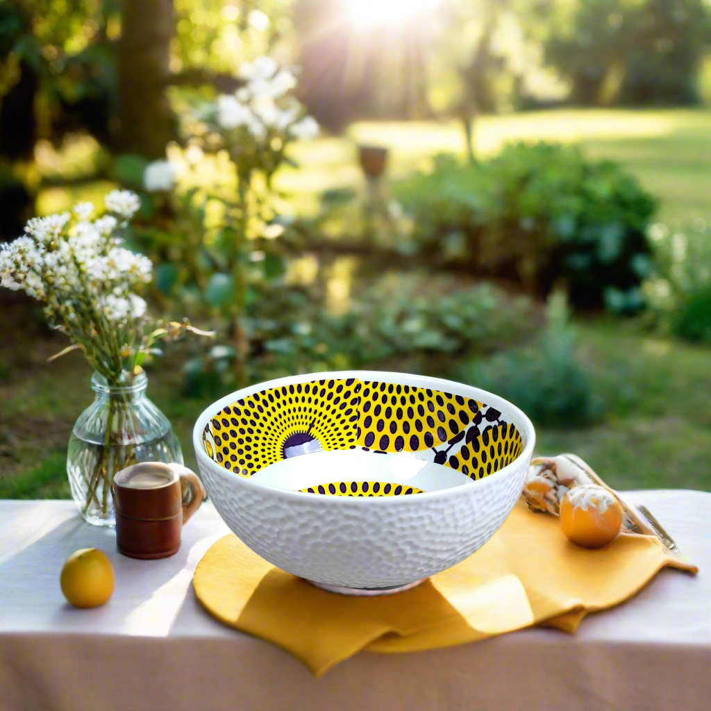 Coffret petit déjeuner en porcelaine fine française, orné d’un motif WAX "Gamma phone", composé d'une petite assiette, d'un grand bol et d'un MUG, présentés dans une boîte prestige.