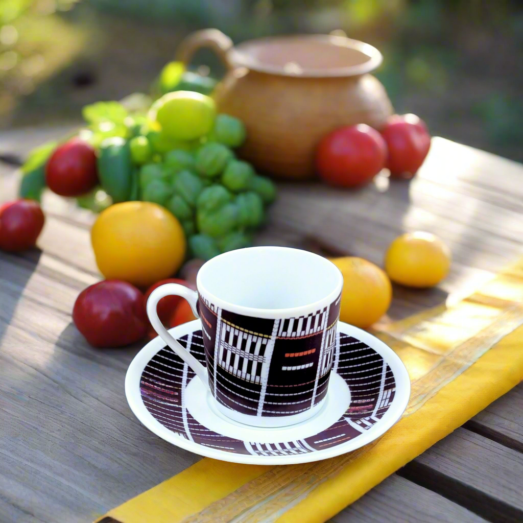 Tasse à Café en porcelaine fine Française fabriquée à la demande avec soucoupe motif anneau africain "Sénoufo bleu indigo" de Côte d'Ivoire