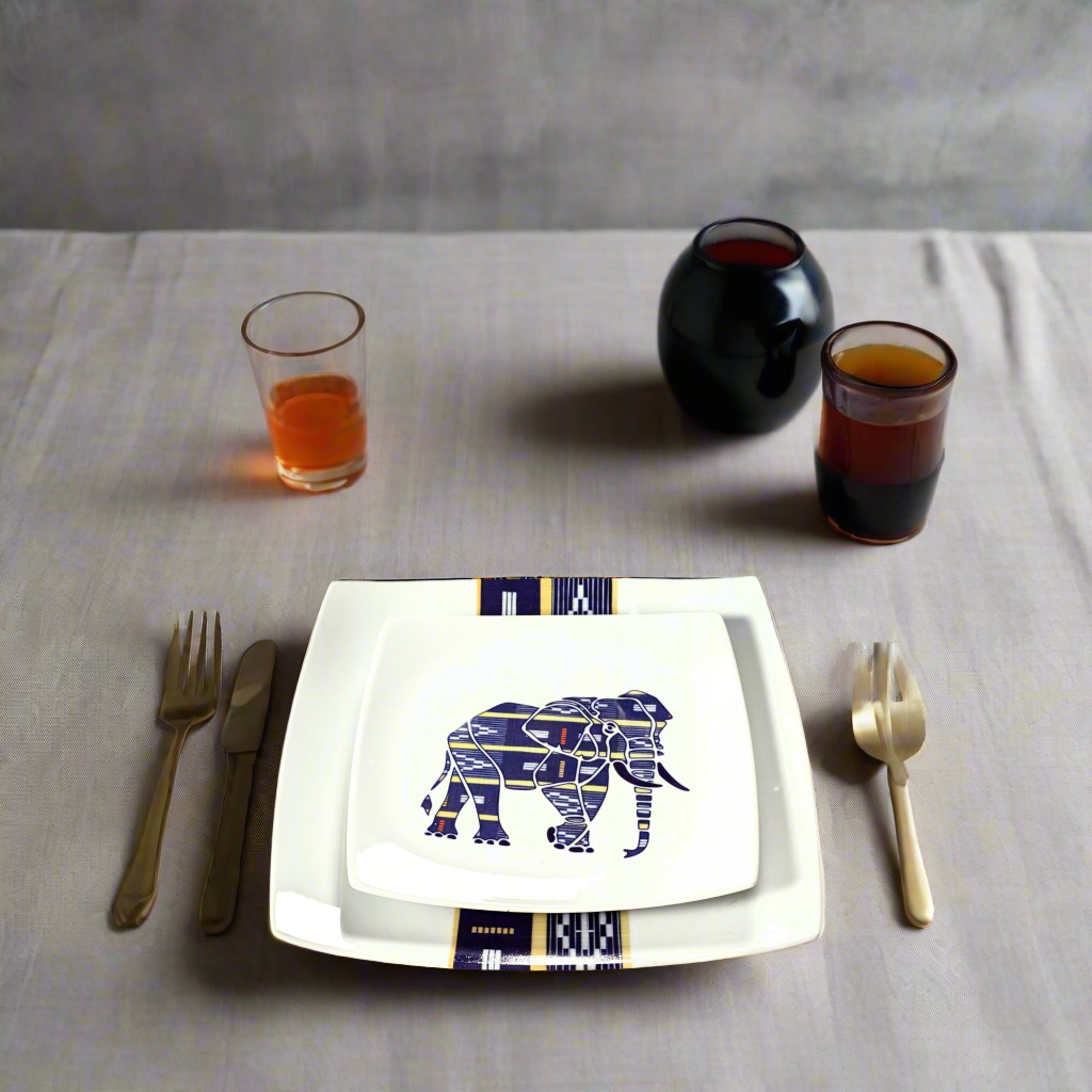 Coffret 12 pièces carrées motif bande Éléphant Ethnique "Baoulé" de Côte d'Ivoire dans coffret
