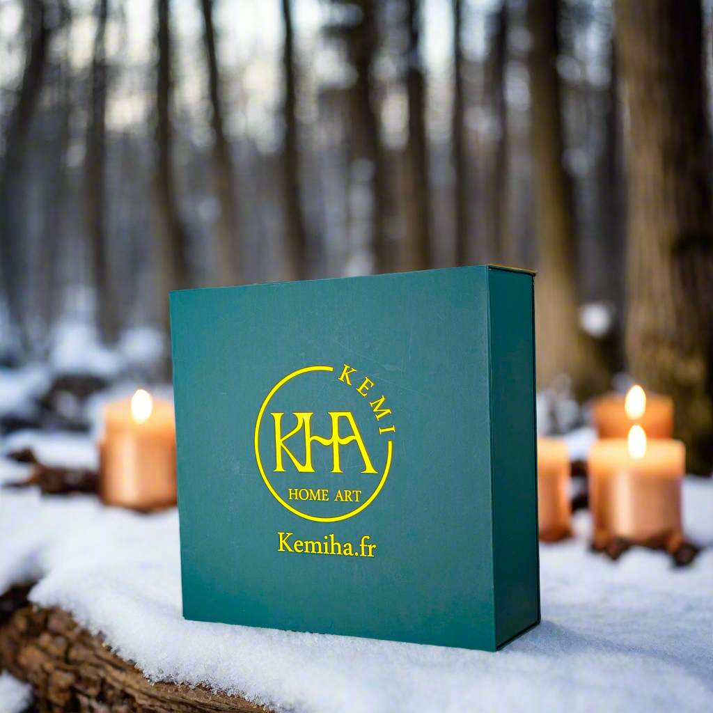 Coffret petit déjeuner en porcelaine fine française, orné d’un motif indigo, composé d'une petite assiette, d'une tasse à café et d'un MUG, présentés dans une boîte prestige.