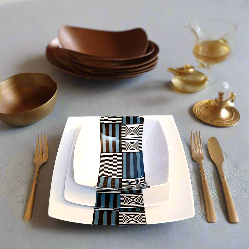 Coffret de 6 pièces carrées avec motif bande ethnique "Kounta" ou "Kanta" bleu du Niger, présenté dans un coffret.