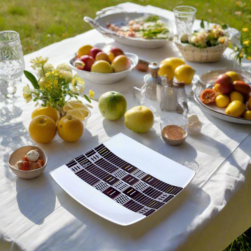 Coffret petit déjeuner en porcelaine fine française, orné d’un motif ethnique "Sénoufo" de Côte d'Ivoire, composé de 3 pièces parmi une petite assiette, d'un bol, une tasse à café et d'un MUG, présentés dans une boîte prestige.