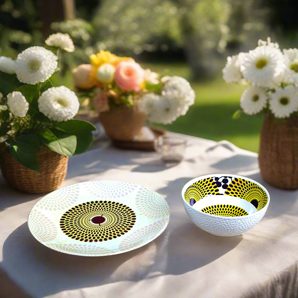 Coffret petit déjeuner en porcelaine fine française, orné d’un motif WAX "Gamma phone", composé d'une petite assiette, d'un grand bol et d'un MUG, présentés dans une boîte prestige.