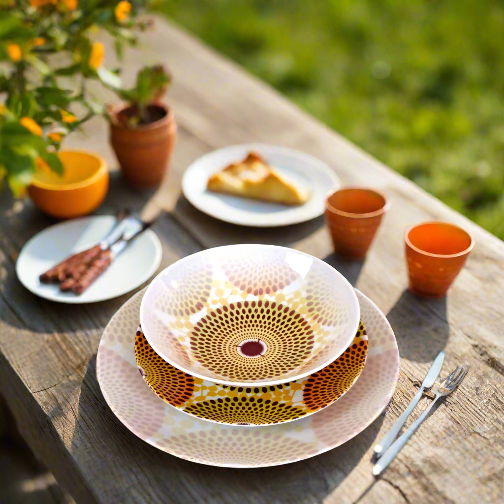 Coffret d'assiettes en porcelaine Française fabriquées à la demande avec motif plein wax d'Afrique  Gammaphone dans coffret de 6