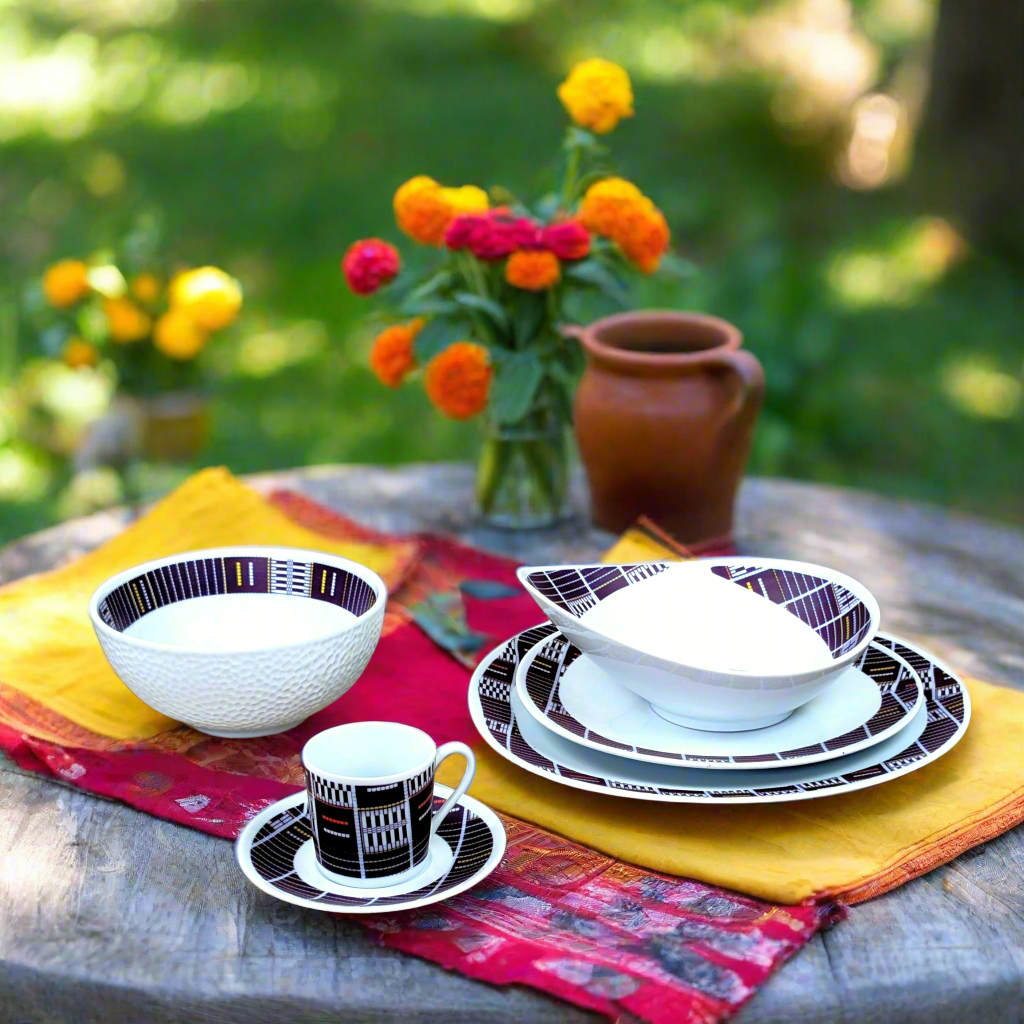 Coffret d'assiettes ovales en porcelaine fine Française fabriquées à la demande avec  motif anneaux Ethnique de Côté d'Ivoire "Sénoufo bleu indigo" dans coffret de 6