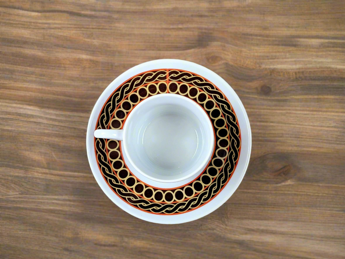 Fine French porcelain coffee cup made to order with saucer in the African ring motif "Ndop Bamoun" from Cameroon