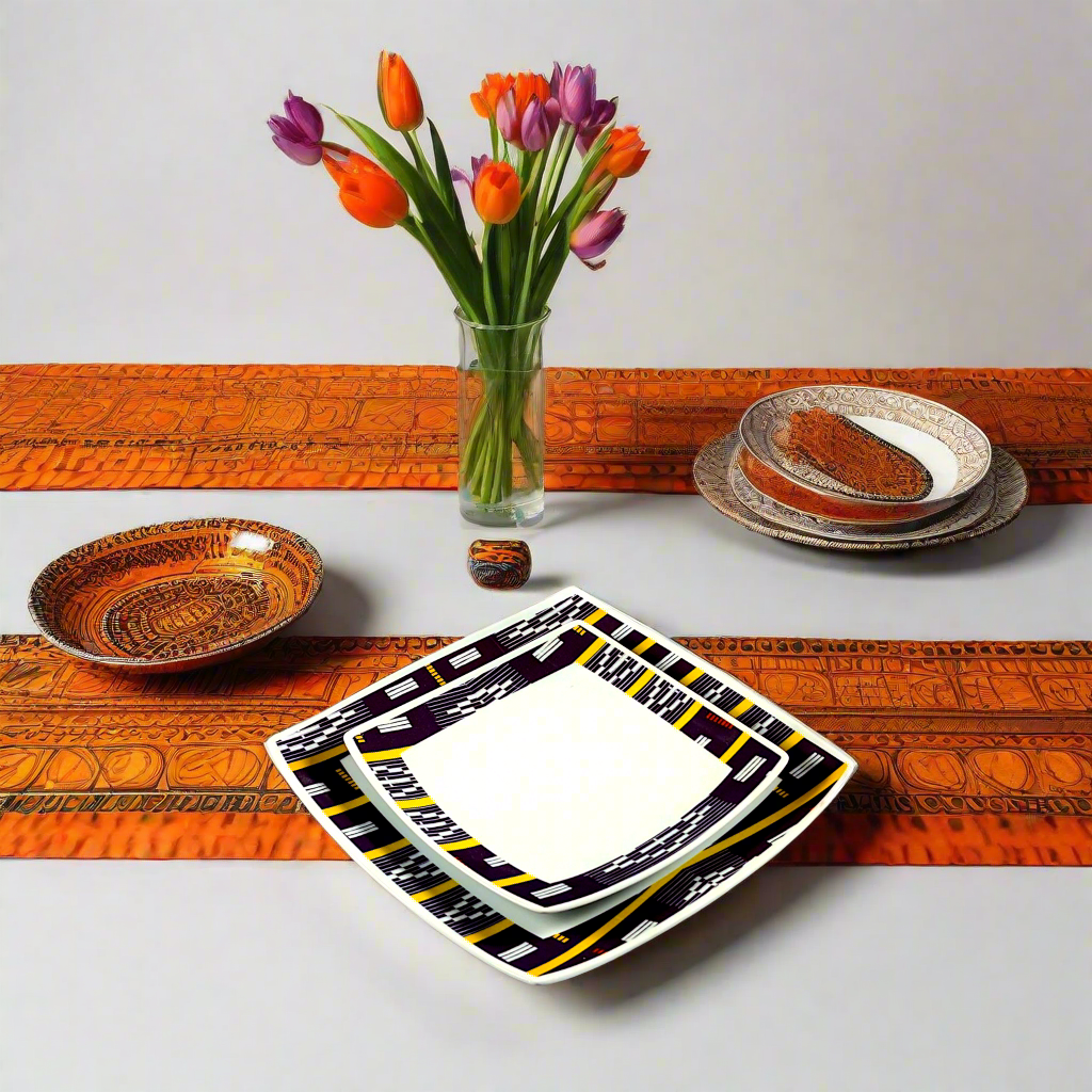 Coffret d'assiettes carrées en porcelaine fine Française fabriquées à la demande avec motif bande Ethnique d'Afrique "Baoulé" de Côte d'Ivoire dans coffret de 6 assiettes