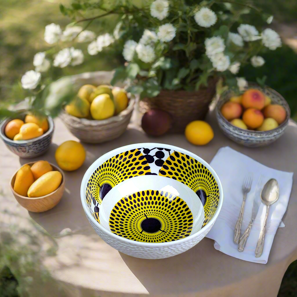 Coffret petit déjeuner en porcelaine fine française, orné d’un motif WAX "Gamma phone", composé d'une petite assiette, d'un grand bol et d'un MUG, présentés dans une boîte prestige.