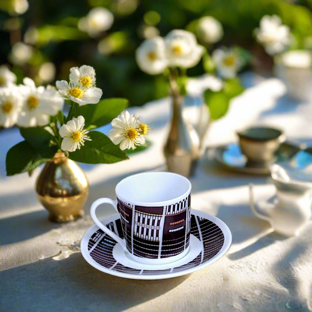 Coffret petit déjeuner en porcelaine fine française, orné d’un motif ethnique "Sénoufo" de Côte d'Ivoire, composé de 3 pièces parmi une petite assiette, d'un bol, une tasse à café et d'un MUG, présentés dans une boîte prestige.