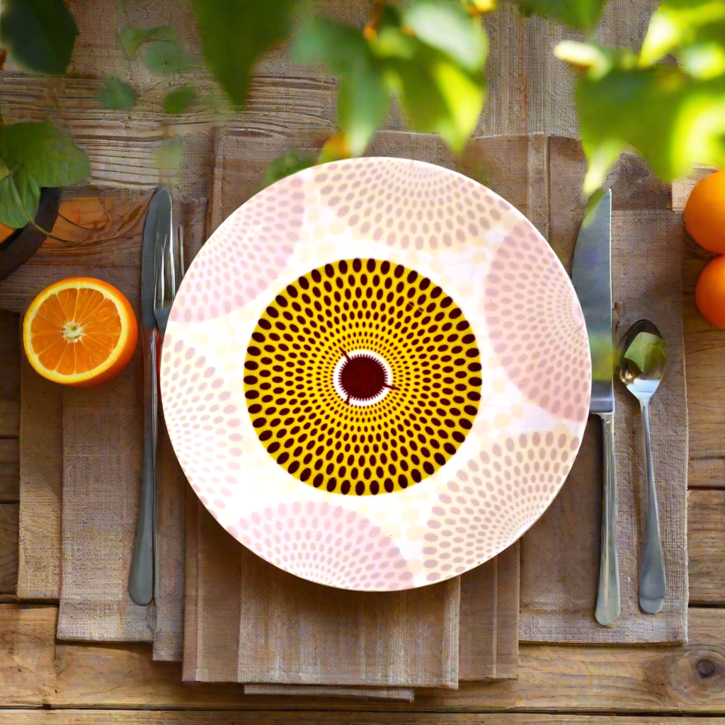 Coffret d'assiettes en porcelaine Française fabriquées à la demande avec motif plein wax d'Afrique  Gammaphone dans coffret de 6