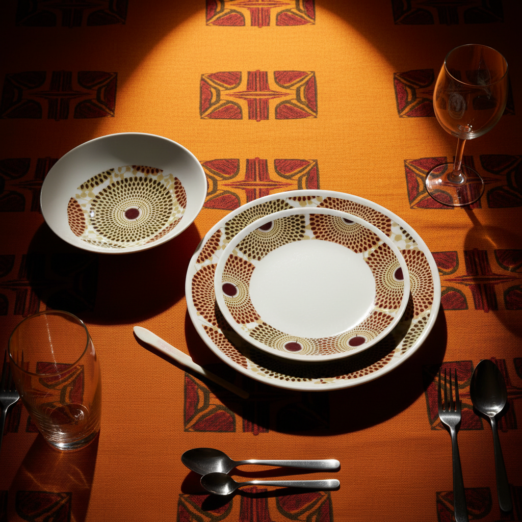 Set französischer Porzellanteller, individuell gefertigt, mit einem breiten Wachsdruckringmotiv aus Afrika (Gammaphone), in einer Geschenkbox