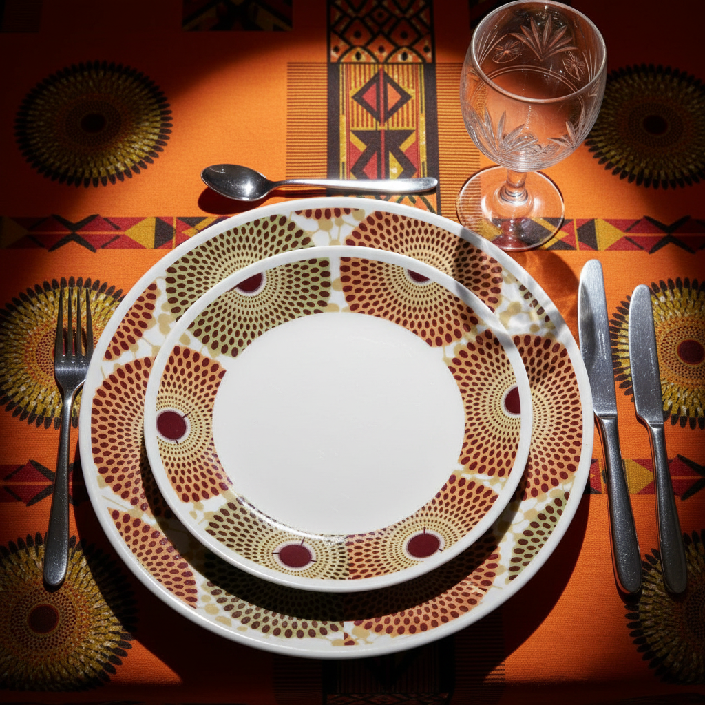 Set französischer Porzellanteller, individuell gefertigt, mit einem breiten Wachsdruckringmotiv aus Afrika (Gammaphone), in einer Geschenkbox