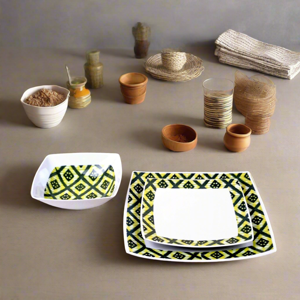 Coffret d'assiettes carrées en porcelaine fine Française fabriquées à la demande avec motif bande yoruba d'Afrique "Ibukunoluwa"   dans coffret cadeau de 6 assiettes.