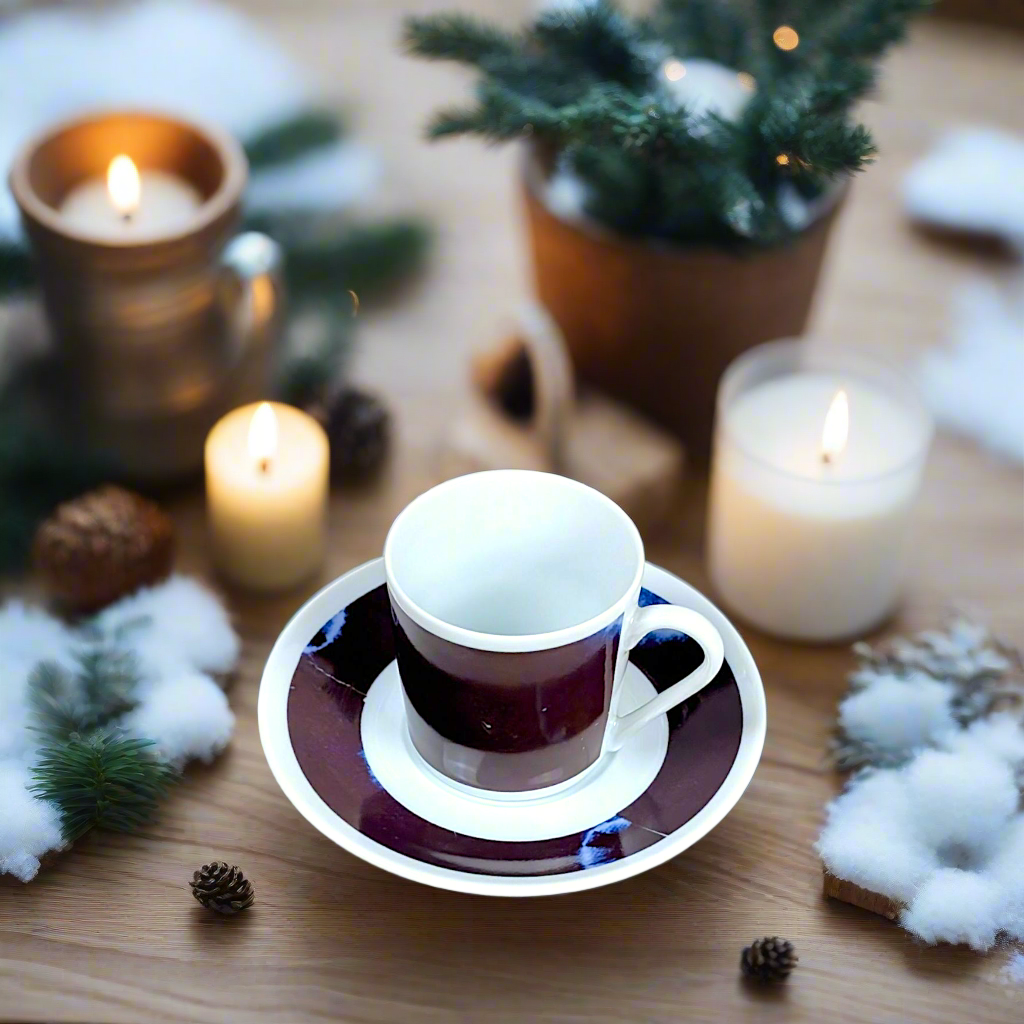 Coffret petit déjeuner en porcelaine fine française, orné d’un motif indigo, composé d'une petite assiette, d'une tasse à café et d'un MUG, présentés dans une boîte prestige.