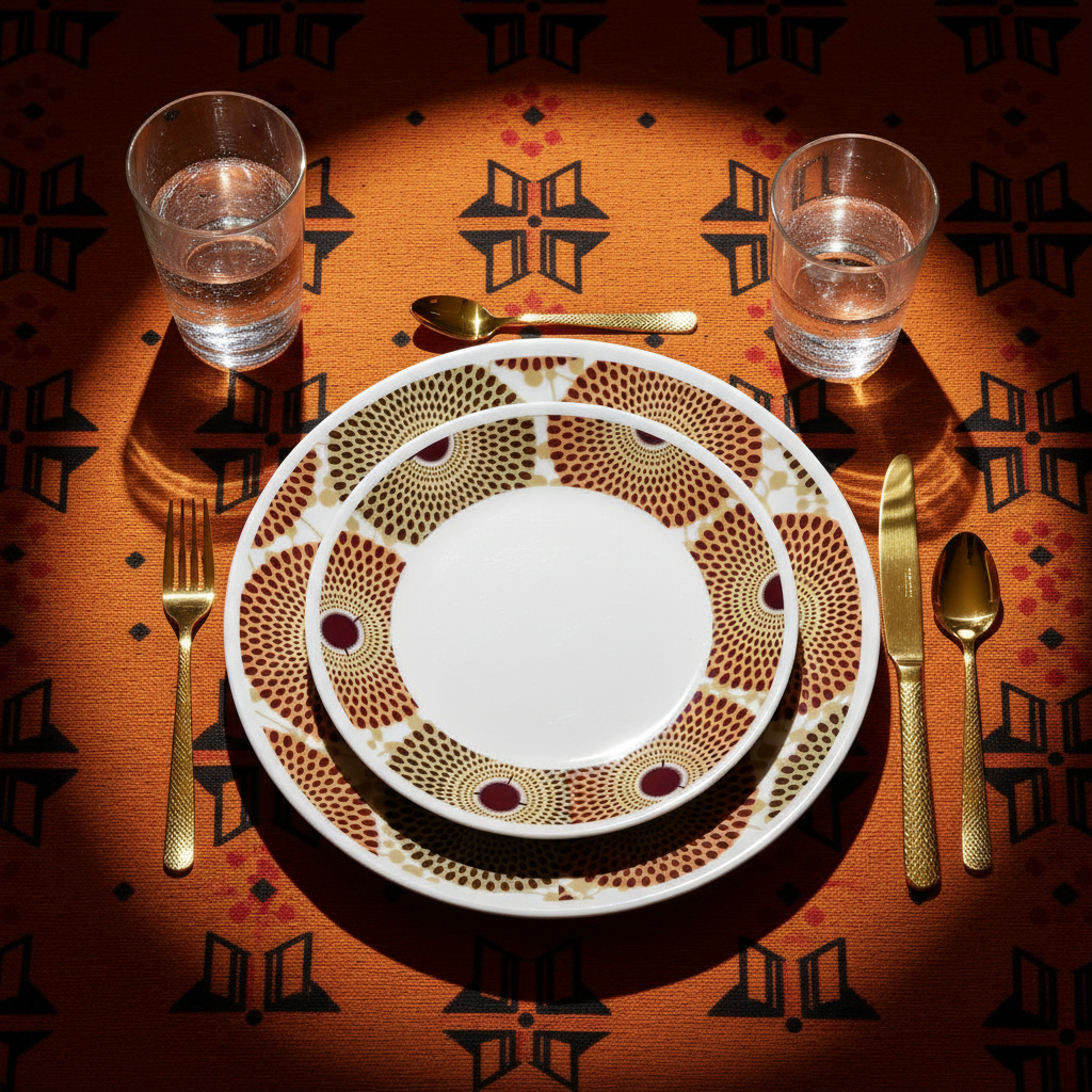 Set französischer Porzellanteller, individuell gefertigt, mit einem breiten Wachsdruckringmotiv aus Afrika (Gammaphone), in einer Geschenkbox