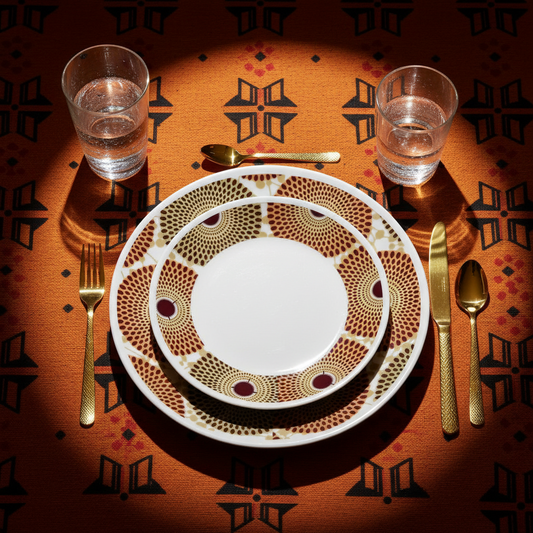 Set of French porcelain plates made to order with large African wax ring pattern Gammaphone in box