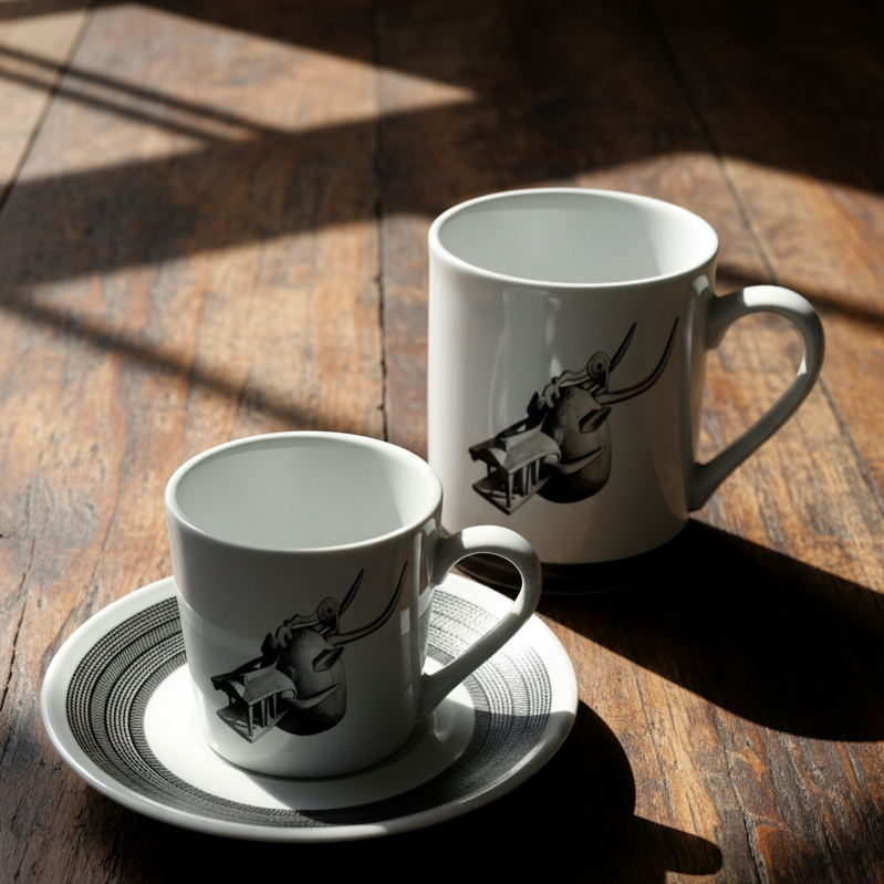 Mug ou Tasse à café en porcelaine fine Française fabriqué à la demande, motif d'Afrique, Côté d'Ivoire MASQUE HEAUME SENOUFO, A tête d'animal à la gueule béante armé de crocs 2
