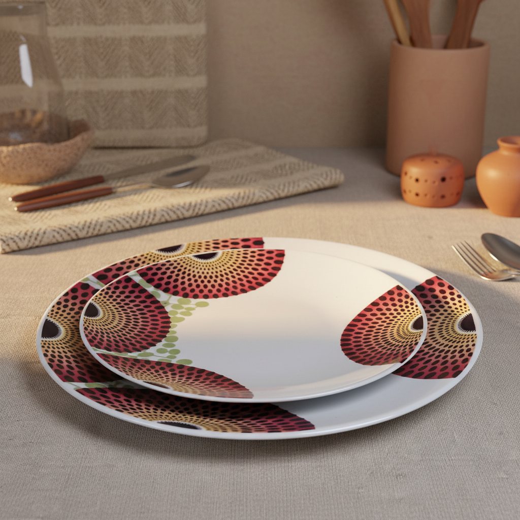 Coffret d'assiettes rondes en porcelaine Française fabriquées à la demande avec motif wax d'Afrique asymetrique Gammaphone multicolores