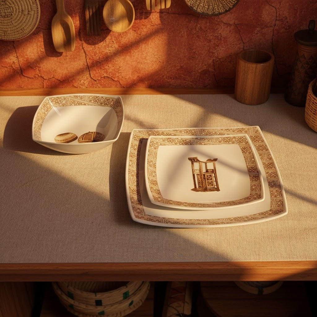 Coffret de 6 Assiettes Carrées en Porcelaine Fine – Motif “Œuvres Sacrées du Bénin”