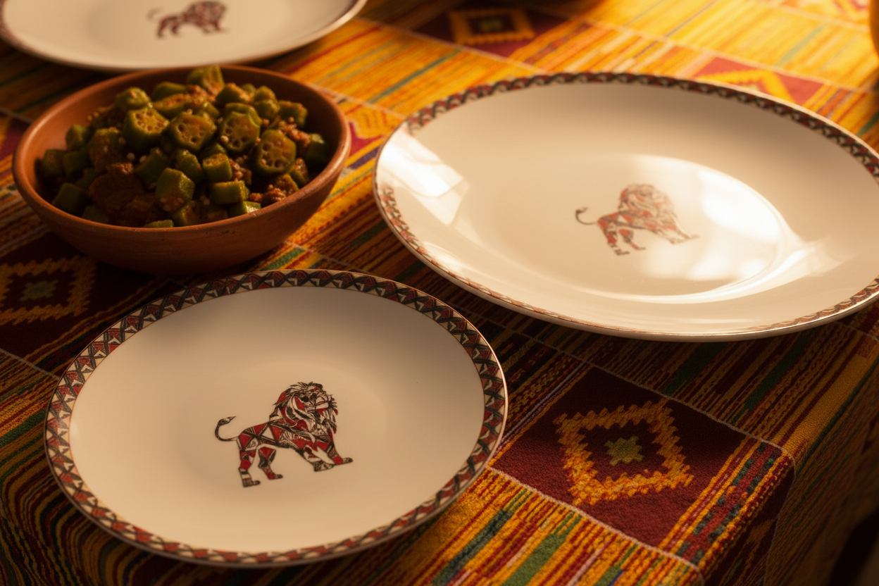Coffret d'assiettes rondes en porcelaine fine Française avec  motif anneaux fins Ethnique bogolan détaillé avec "lion" de Côte d'ivoire (6 assiettes)